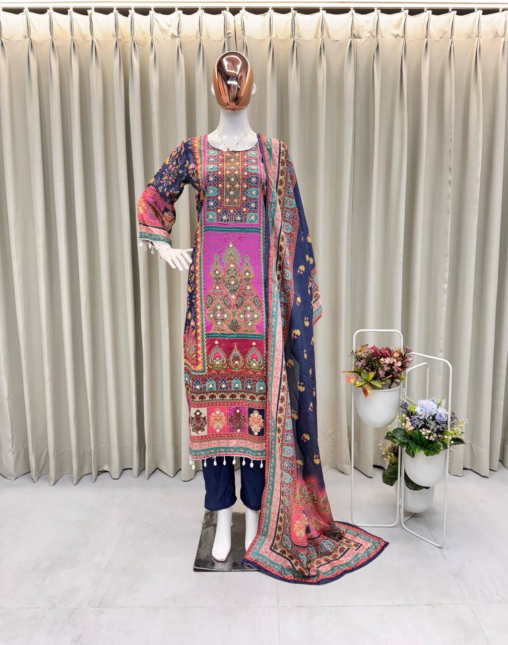 DESIGNER WEAR TRENDING  TOP WITH PRINTED WORK WITH MIROR WORK WITH PANT AND DUPATTA