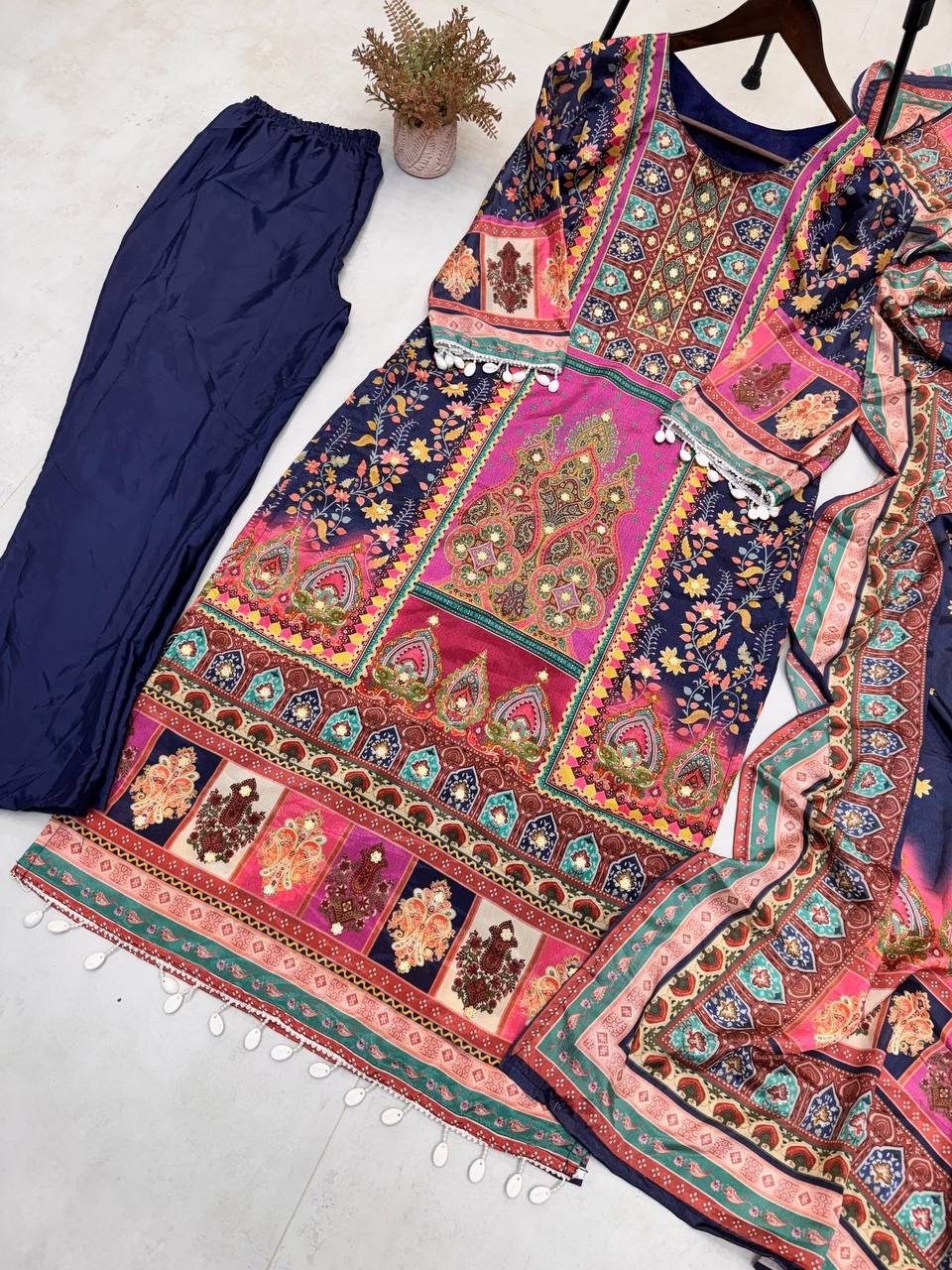 DESIGNER WEAR TRENDING  TOP WITH PRINTED WORK WITH MIROR WORK WITH PANT AND DUPATTA