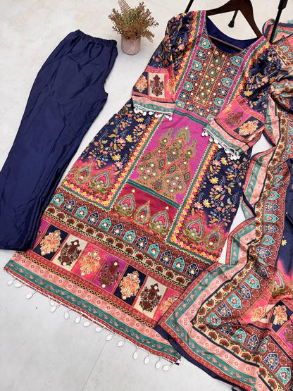 DESIGNER WEAR TRENDING  TOP WITH PRINTED WORK WITH MIROR WORK WITH PANT AND DUPATTA
