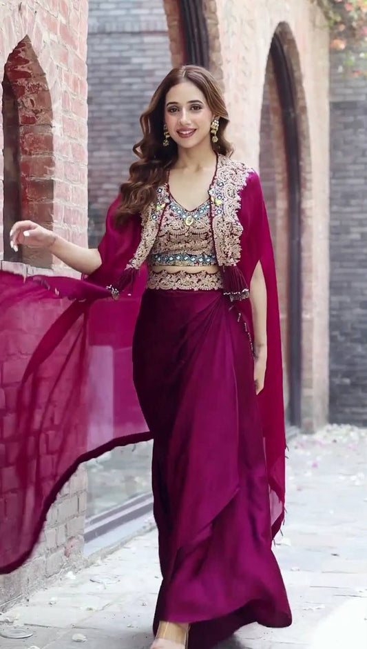 FESTIVAL SPECIAL DESIGNER INDO-WESTERN PATTERN WITH FULL EMBROIDERY WORK WITH FULL STITCH SHRUG & BLOUSE