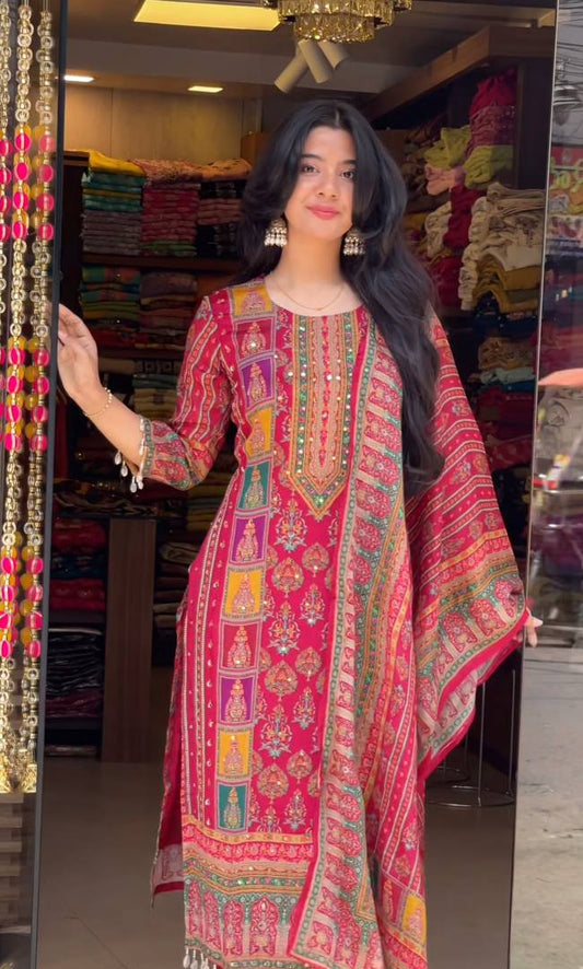 MASKA COTTON REAL HAND MIRROR WORK TOP AND PENT WITH DUPATTA