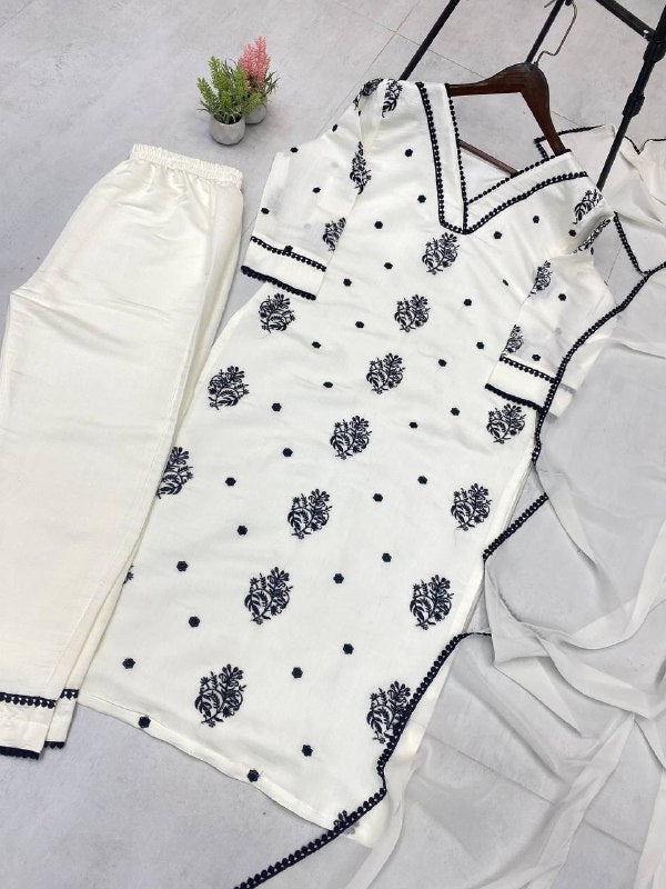 EXCLUSIVE  AND COMFORTABLE WEAR KURTA PANT AND DUPATTA WITH EMBROIDERY WORK