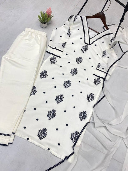 EXCLUSIVE  AND COMFORTABLE WEAR KURTA PANT AND DUPATTA WITH EMBROIDERY WORK