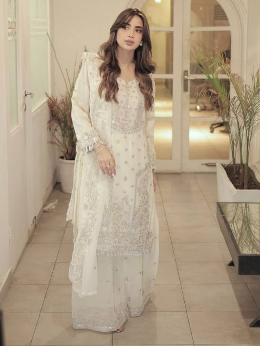 FAUX GEORGETTE SEQUENCE EMBROIDERED WORK TOP AND PENT WITH DUPATTA