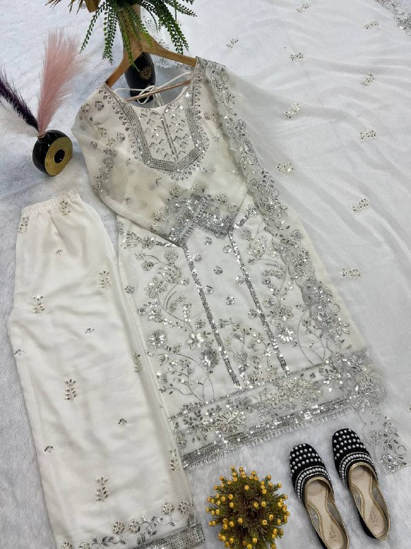 FAUX GEORGETTE SEQUENCE EMBROIDERED WORK TOP AND PENT WITH DUPATTA