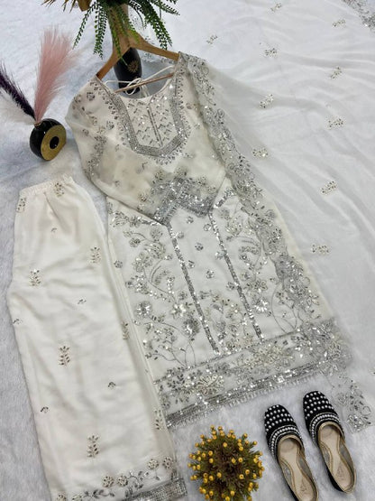 FAUX GEORGETTE SEQUENCE EMBROIDERED WORK TOP AND PENT WITH DUPATTA