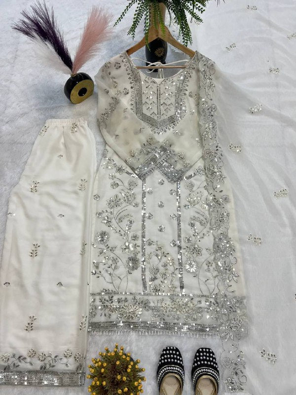 FAUX GEORGETTE SEQUENCE EMBROIDERED WORK TOP AND PENT WITH DUPATTA