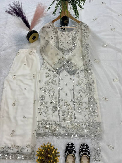 FAUX GEORGETTE SEQUENCE EMBROIDERED WORK TOP AND PENT WITH DUPATTA