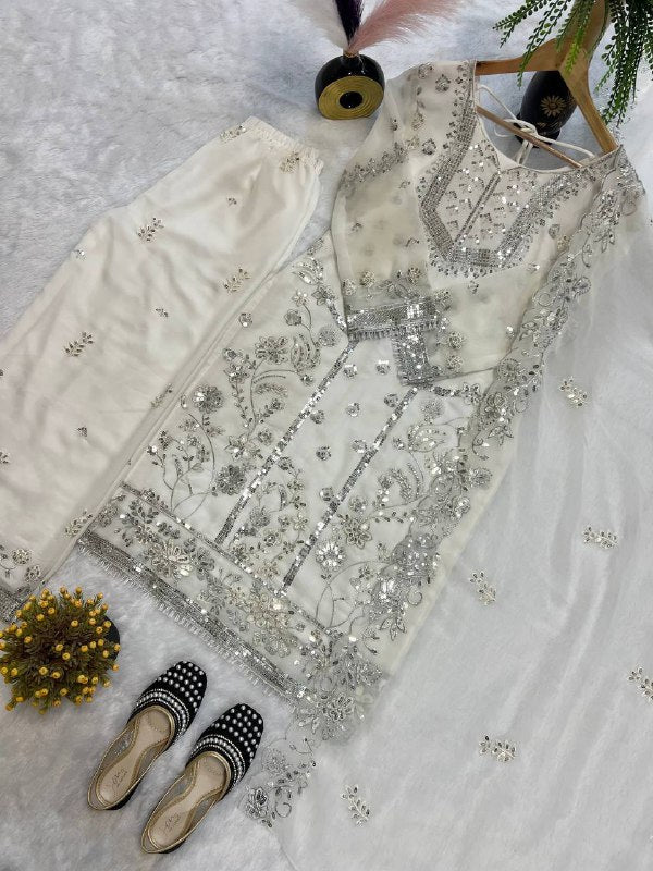 FAUX GEORGETTE SEQUENCE EMBROIDERED WORK TOP AND PENT WITH DUPATTA