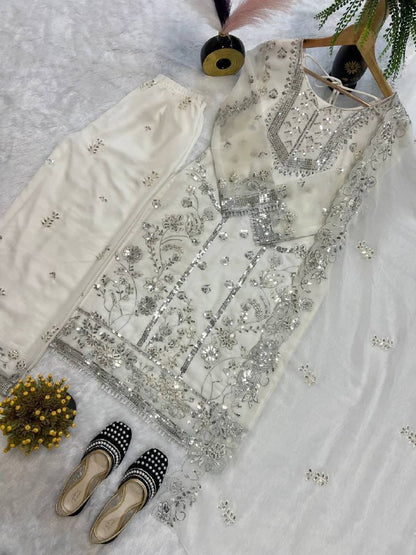 FAUX GEORGETTE SEQUENCE EMBROIDERED WORK TOP AND PENT WITH DUPATTA