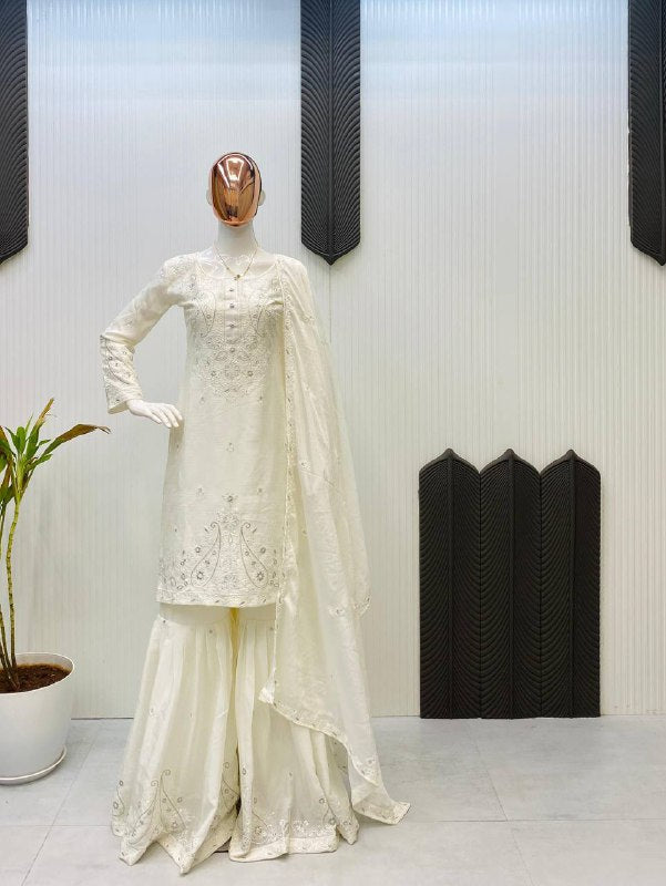 DESIGNER WEAR SARARA SUIT IN THREE PIECE WITH SEQUENCE EMBROIDERY WORK