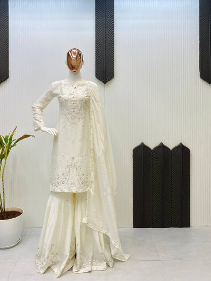 DESIGNER WEAR SARARA SUIT IN THREE PIECE WITH SEQUENCE EMBROIDERY WORK