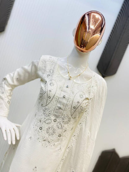 DESIGNER WEAR SARARA SUIT IN THREE PIECE WITH SEQUENCE EMBROIDERY WORK