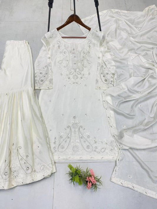 DESIGNER WEAR SARARA SUIT IN THREE PIECE WITH SEQUENCE EMBROIDERY WORK