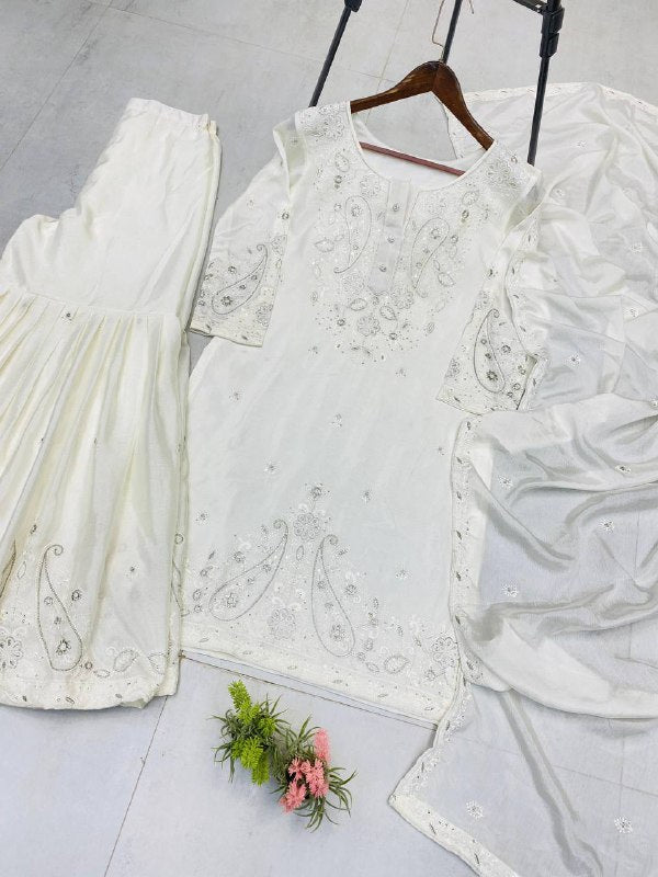 DESIGNER WEAR SARARA SUIT IN THREE PIECE WITH SEQUENCE EMBROIDERY WORK