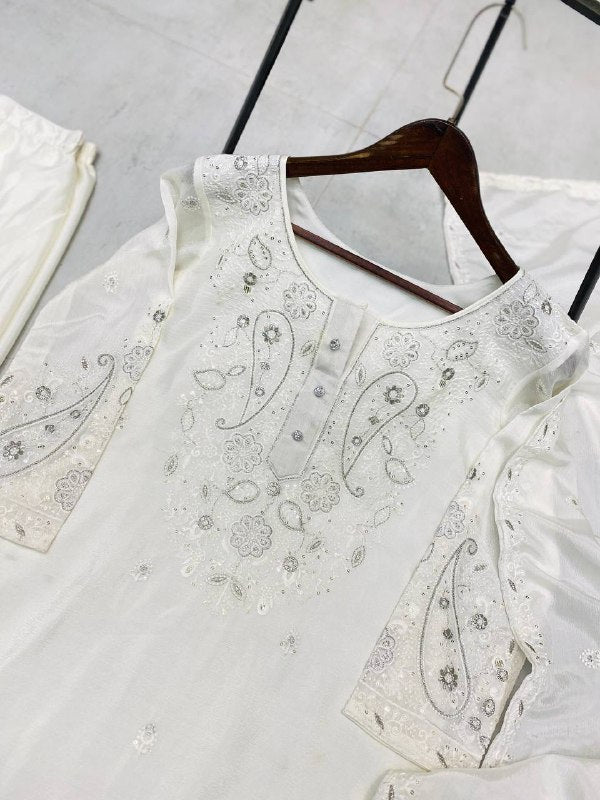 DESIGNER WEAR SARARA SUIT IN THREE PIECE WITH SEQUENCE EMBROIDERY WORK