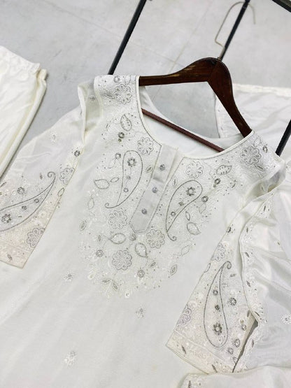 DESIGNER WEAR SARARA SUIT IN THREE PIECE WITH SEQUENCE EMBROIDERY WORK