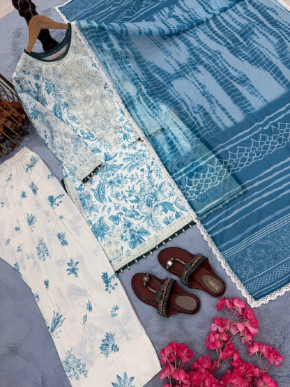 Party Wear Look Printed Pur Natural Crepe Top & Farshi Palazzo With Dupatta set