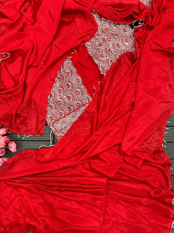 Super Trending Embroidery cording work ready to wear saree with full koti