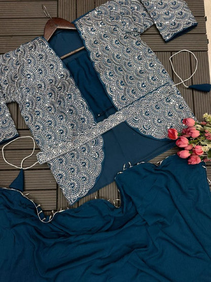 Super Trending Embroidery cording work ready to wear saree with full koti