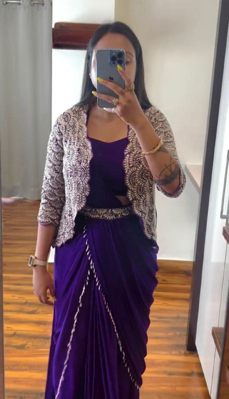 Super Trending Embroidery cording work ready to wear saree with full koti