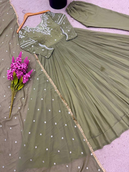Heavy Designer Party Wear Look Gown-Dupatta and Bottom with Heavy Embroidery Sequence Work