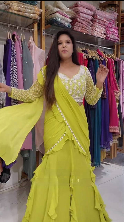 READY TO WEAR RUFFLES SAREE WITH LONG SLEEVES BLOUSE IN LEMON YELLOW COLOR