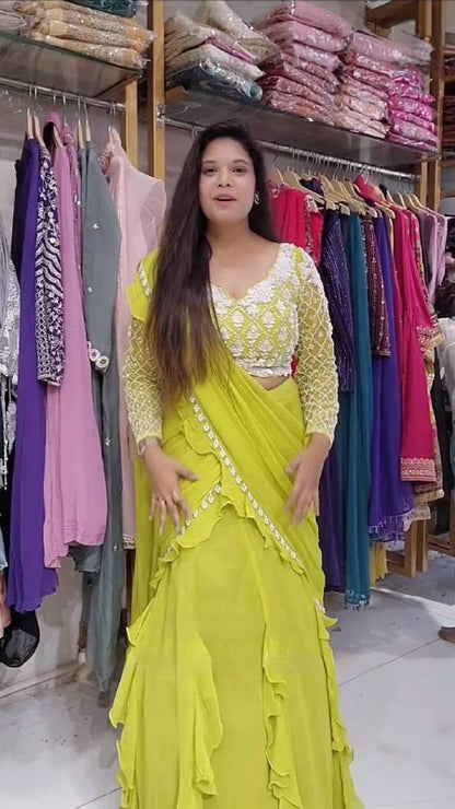 READY TO WEAR RUFFLES SAREE WITH LONG SLEEVES BLOUSE IN LEMON YELLOW COLOR