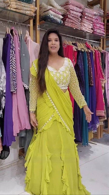 READY TO WEAR RUFFLES SAREE WITH LONG SLEEVES BLOUSE IN LEMON YELLOW COLOR