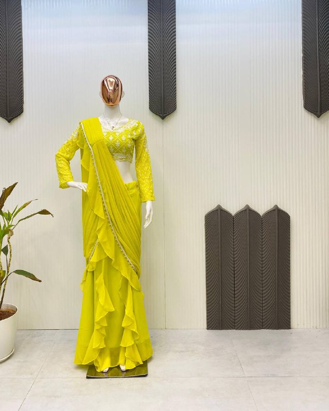 READY TO WEAR RUFFLES SAREE WITH LONG SLEEVES BLOUSE IN LEMON YELLOW COLOR