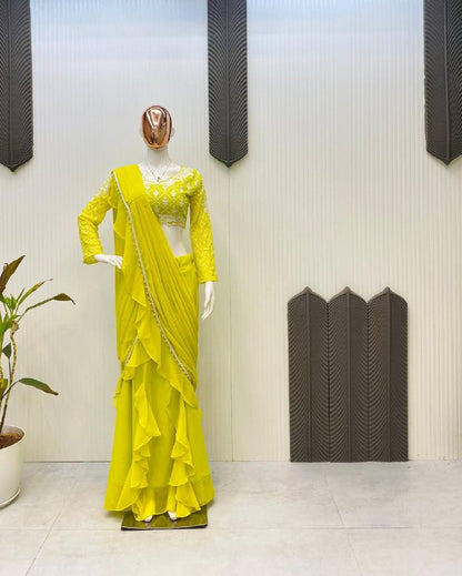 READY TO WEAR RUFFLES SAREE WITH LONG SLEEVES BLOUSE IN LEMON YELLOW COLOR