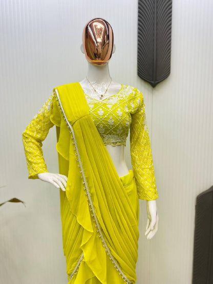 READY TO WEAR RUFFLES SAREE WITH LONG SLEEVES BLOUSE IN LEMON YELLOW COLOR