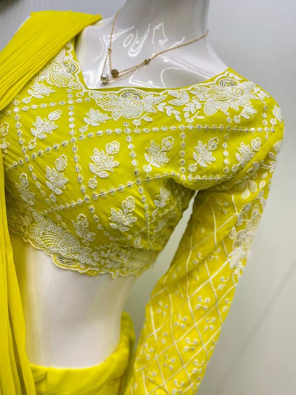READY TO WEAR RUFFLES SAREE WITH LONG SLEEVES BLOUSE IN LEMON YELLOW COLOR