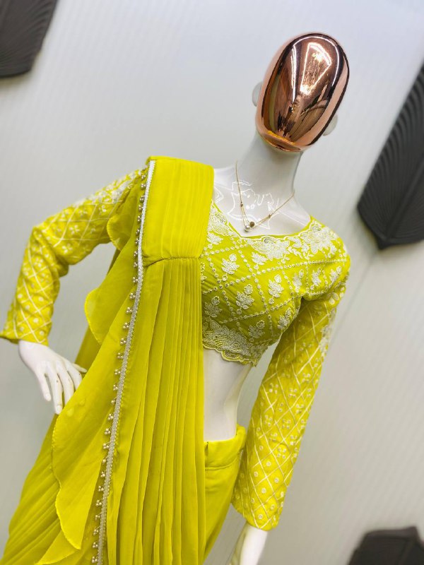 READY TO WEAR RUFFLES SAREE WITH LONG SLEEVES BLOUSE IN LEMON YELLOW COLOR