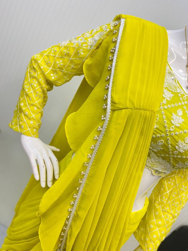 READY TO WEAR RUFFLES SAREE WITH LONG SLEEVES BLOUSE IN LEMON YELLOW COLOR