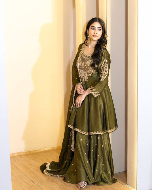 Designer Collection In French Crep Silk Top-Bottom And Dupatta Set Fully Stitched Ready To Wear