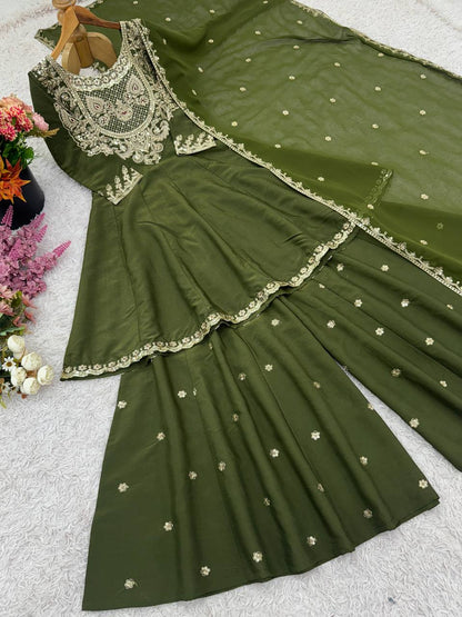 Designer Collection In French Crep Silk Top-Bottom And Dupatta Set Fully Stitched Ready To Wear