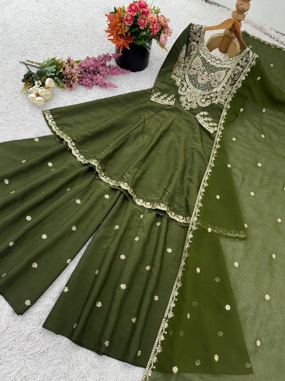 Designer Collection In French Crep Silk Top-Bottom And Dupatta Set Fully Stitched Ready To Wear