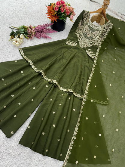 Designer Collection In French Crep Silk Top-Bottom And Dupatta Set Fully Stitched Ready To Wear