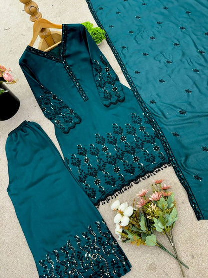 New Designer Collection In Vichitra Silk Top-Bottom And Dupatta Set Fully Stitched Ready To Wear
