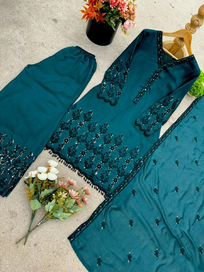 New Designer Collection In Vichitra Silk Top-Bottom And Dupatta Set Fully Stitched Ready To Wear