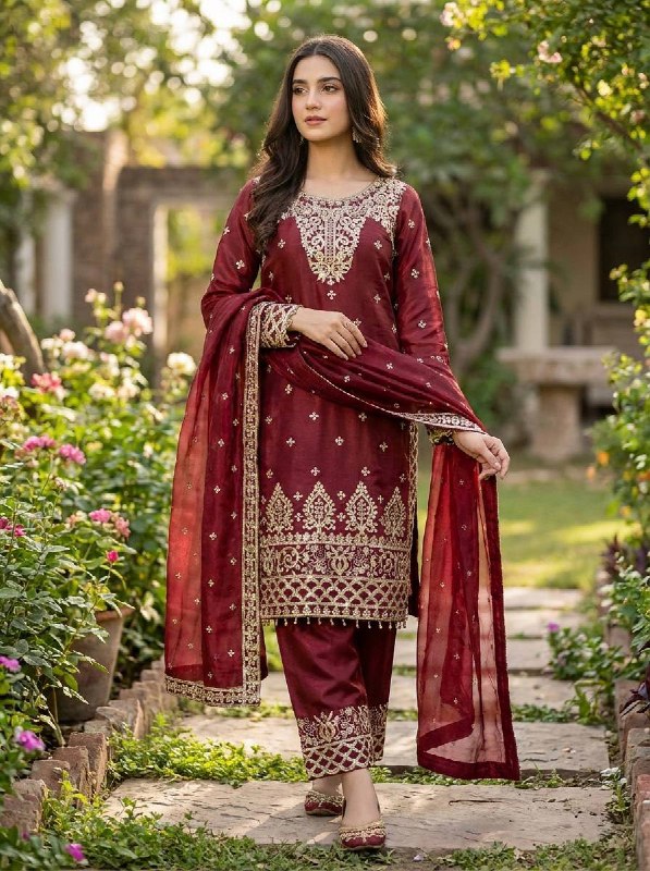 New Designer Collection In GMY SILK With Heavy Embroidery Sequence Work Top-Bottom And Dupatta Set Fully Stitched Ready To Wear