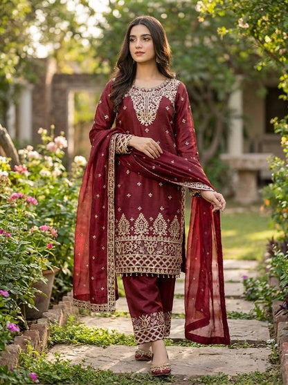 New Designer Collection In GMY SILK With Heavy Embroidery Sequence Work Top-Bottom And Dupatta Set Fully Stitched Ready To Wear
