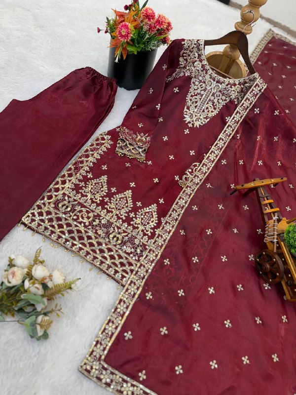 New Designer Collection In GMY SILK With Heavy Embroidery Sequence Work Top-Bottom And Dupatta Set Fully Stitched Ready To Wear