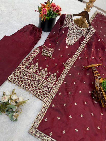 New Designer Collection In GMY SILK With Heavy Embroidery Sequence Work Top-Bottom And Dupatta Set Fully Stitched Ready To Wear