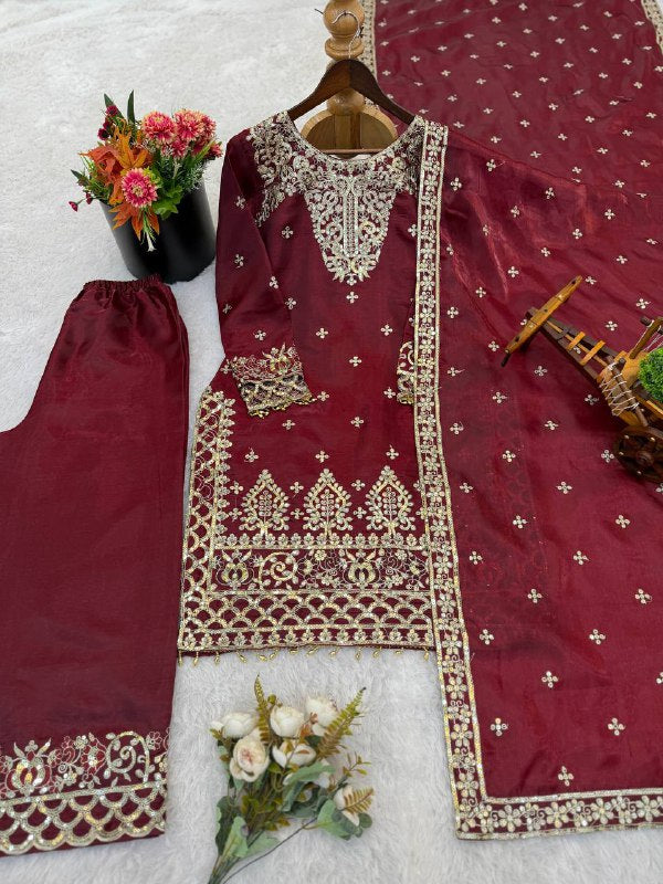 New Designer Collection In GMY SILK With Heavy Embroidery Sequence Work Top-Bottom And Dupatta Set Fully Stitched Ready To Wear