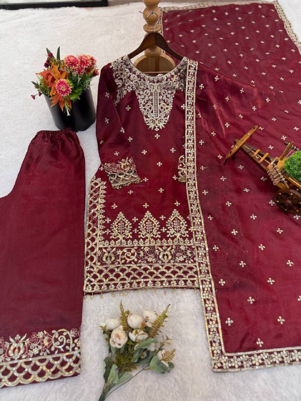 New Designer Collection In GMY SILK With Heavy Embroidery Sequence Work Top-Bottom And Dupatta Set Fully Stitched Ready To Wear