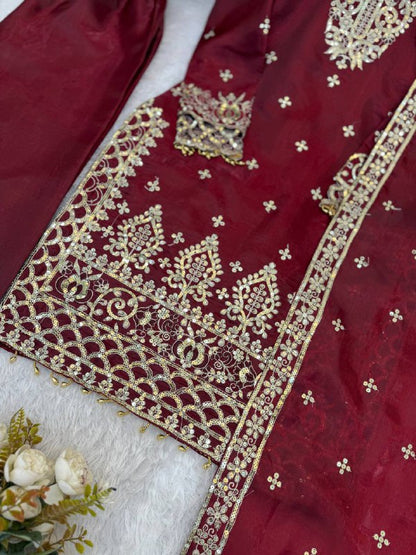 New Designer Collection In GMY SILK With Heavy Embroidery Sequence Work Top-Bottom And Dupatta Set Fully Stitched Ready To Wear