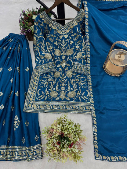 New Premium Quality With Embroidery Sequence Worked Top-Plazzo And Dupatta Set Fully Stitched Ready To Wear