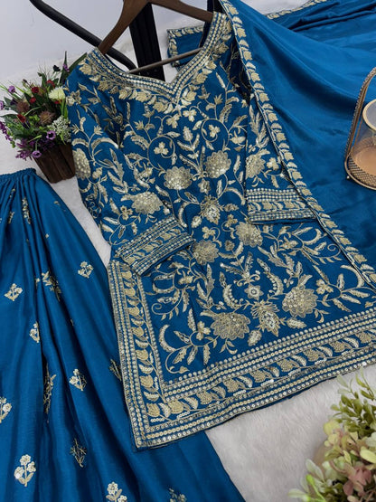 New Premium Quality With Embroidery Sequence Worked Top-Plazzo And Dupatta Set Fully Stitched Ready To Wear
